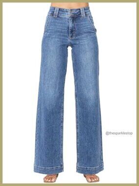 High Waisted Wide Leg Straight Jeans Stretch Denim Tummy Control